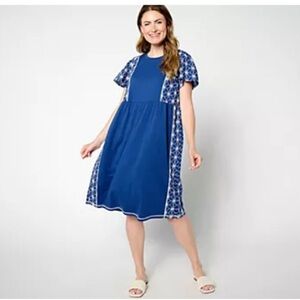 LOGO Lori Goldstein Flutter Sleeve Eyelet Mix Smock Dress Woman's Petite Small